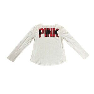 PINK Victoria's Secret White Thermal Crew Neck Top Large Knit PINK Tartan/Plaid